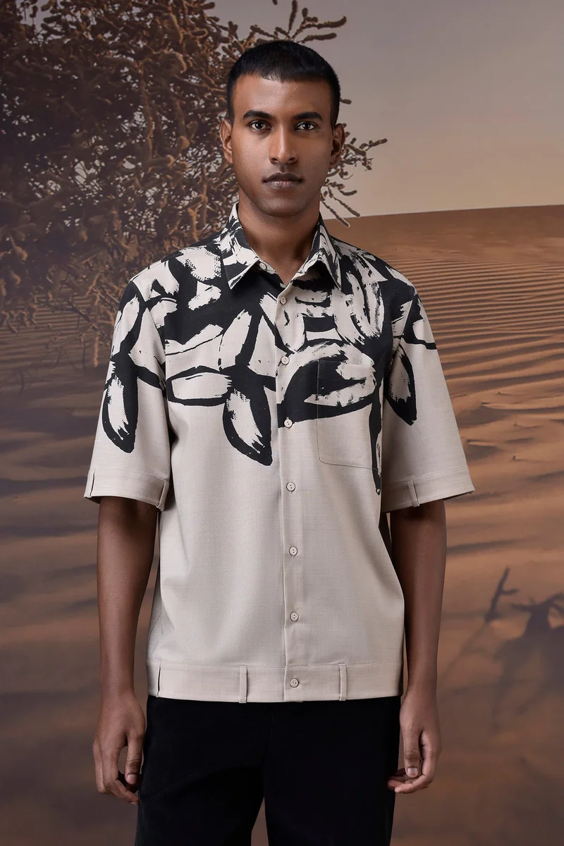 Genes Lecoanet Hemant Beige Abstract Print Summer Shirt